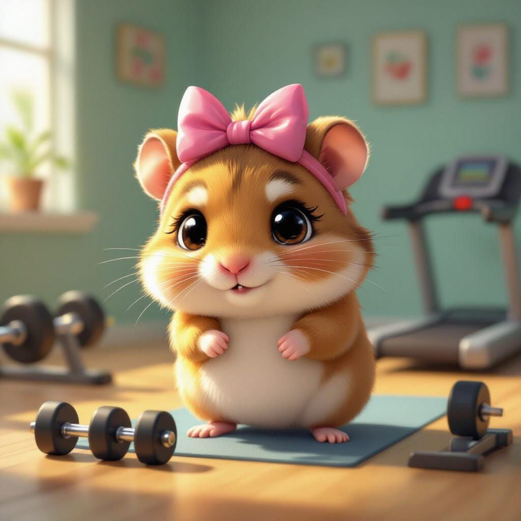 Sad Hamster with Bow Determined to Exercise in Miniature Gym