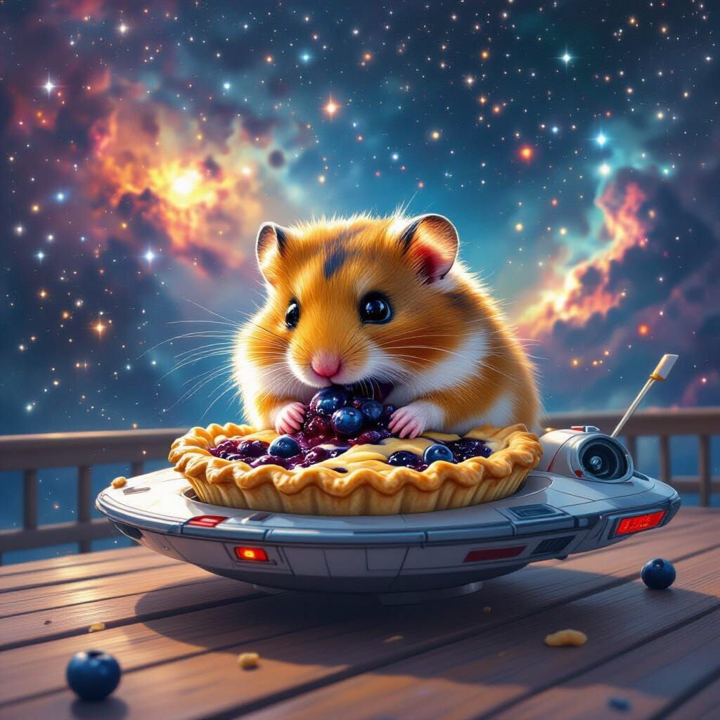 Fluffy Hamster Eats Pie on Retro Spaceship Deck
