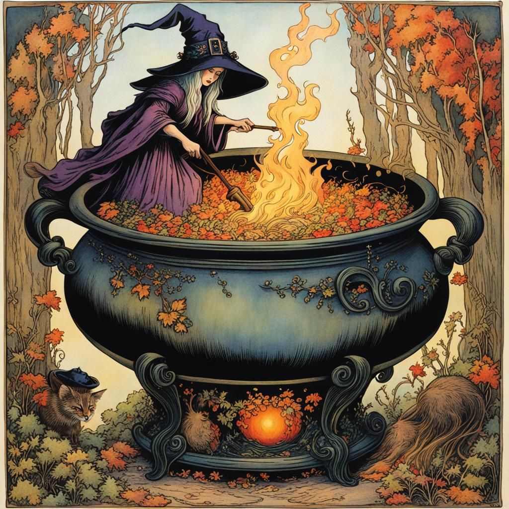 Fairytale Witch and Cauldron in Arthur Rackham Style