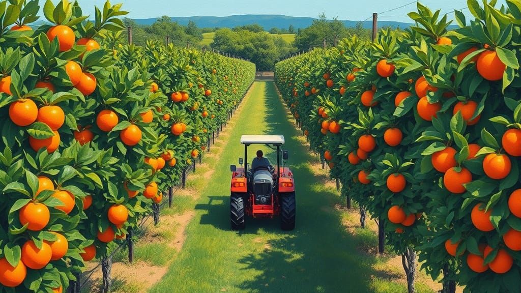 Vibrant Orchard View in Gouache Impasto Style