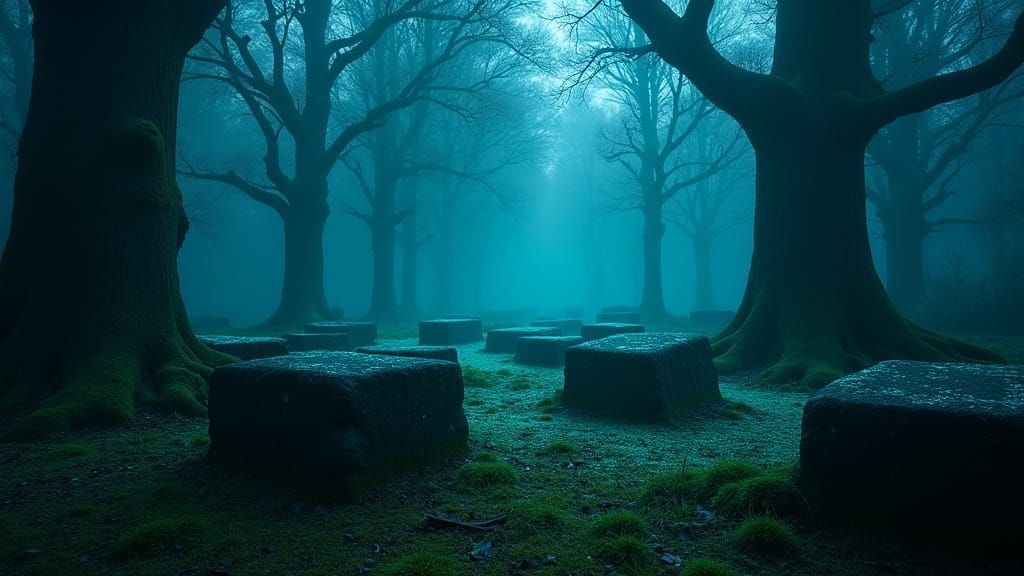 Mystical Forest with Glowing Runes in 3D Rendering