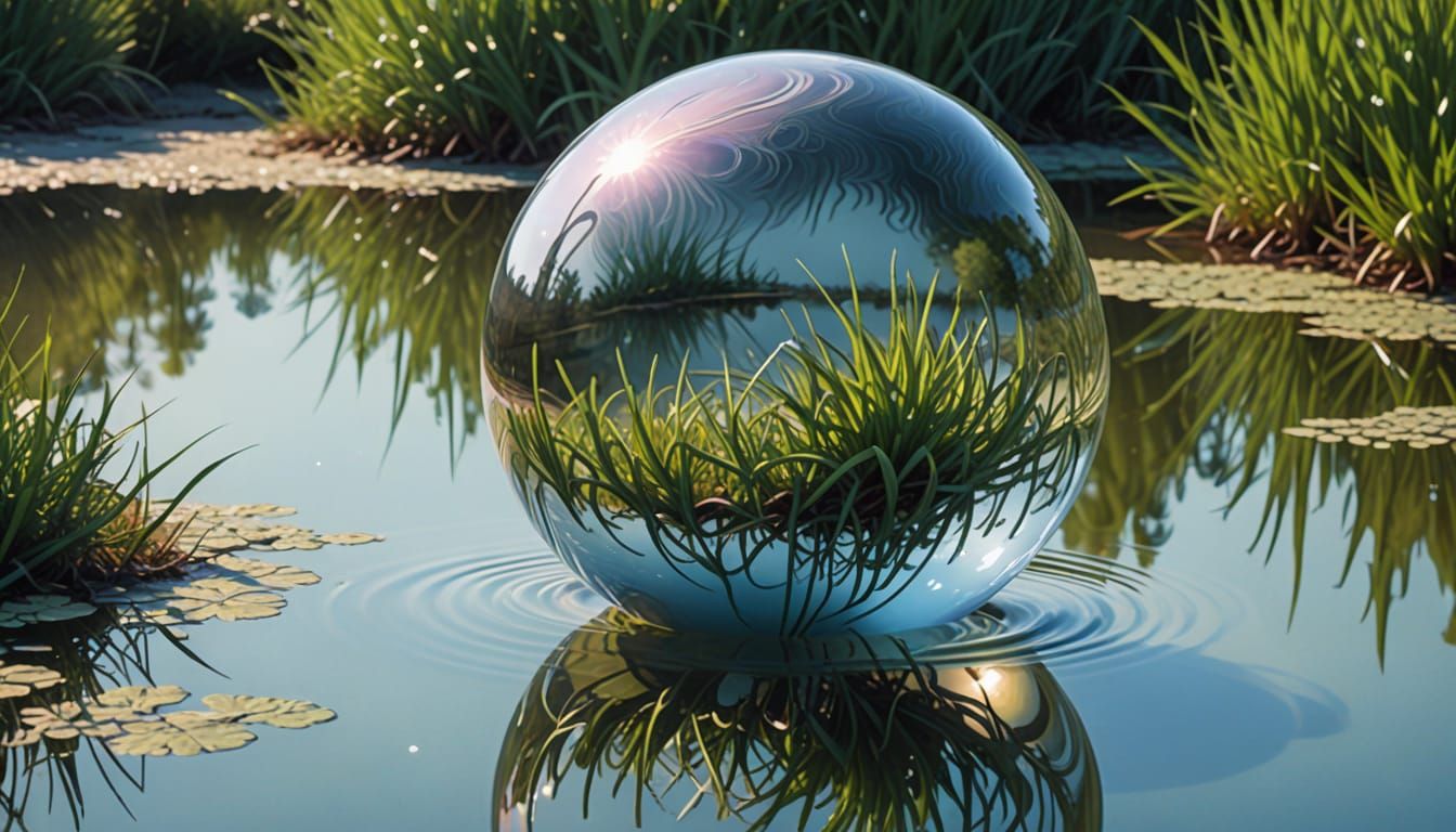 Glass Sphere Reflects Pond in Dreamlike Surrealism
