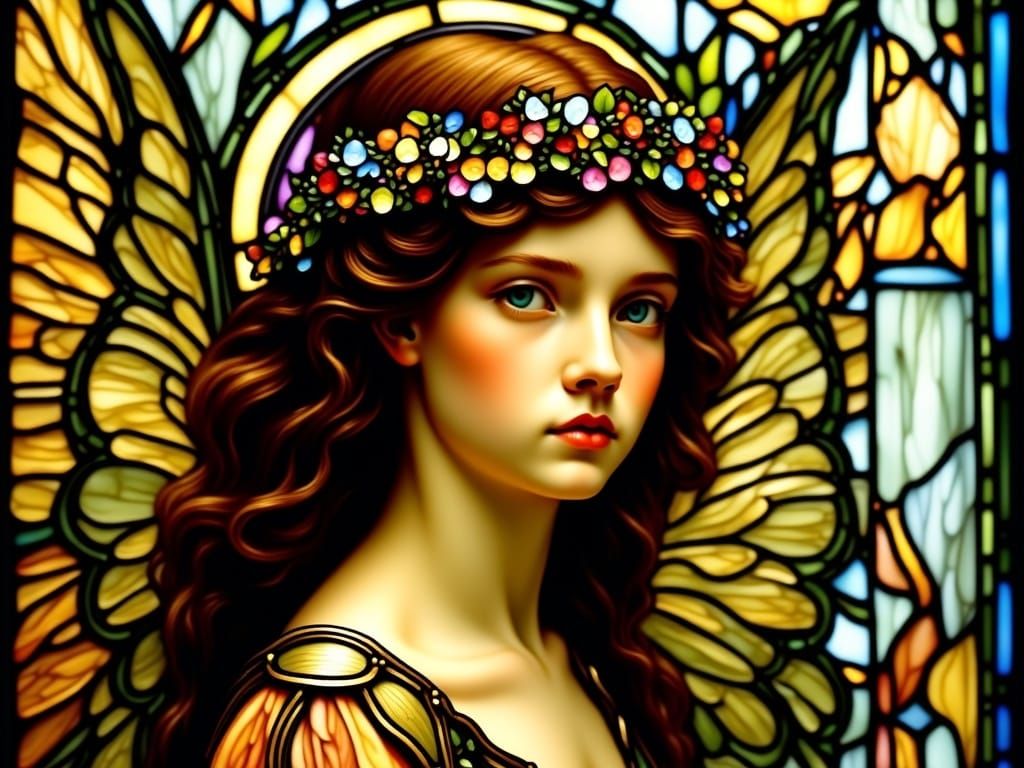 Angel's Sorrowful Face in Vibrant Art Nouveau Stained Glass