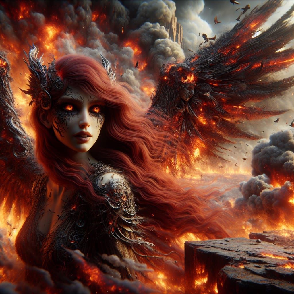 Apocalyptic Woman with Flame Wings in Oil Painting Style