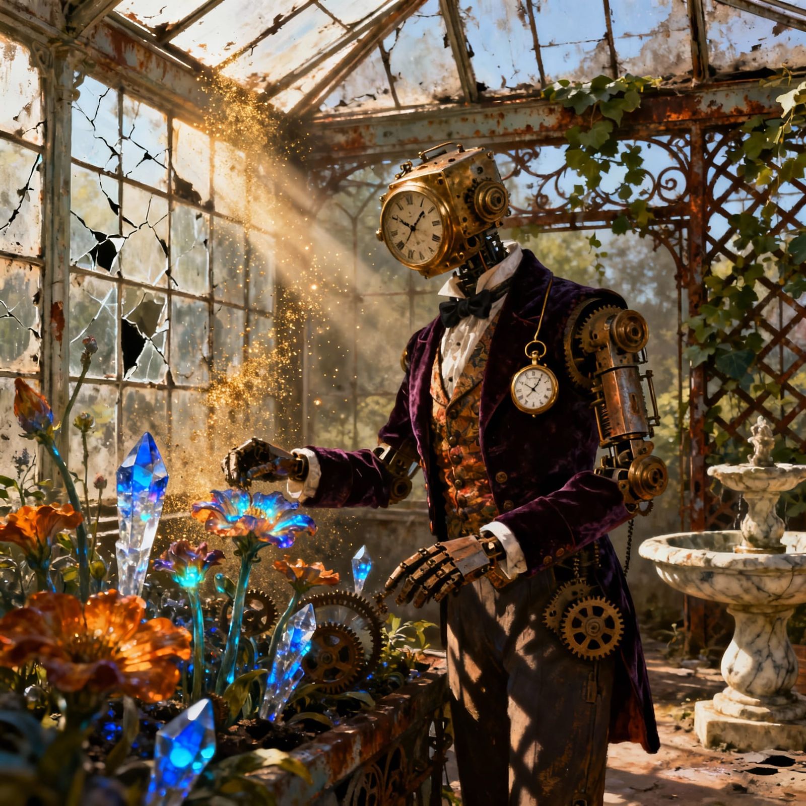 Victorian Automaton Tends Magical Plants in Sunlit Conservat...