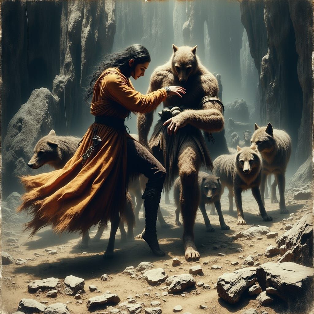 Wolves Watch as Woman Binds Man to Rock