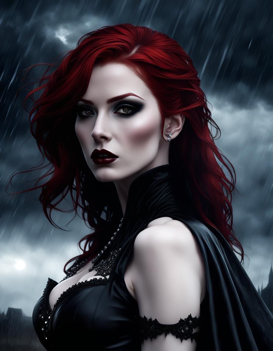 Redhead Vampire in Stormy Rain, Photorealistic Portrait
