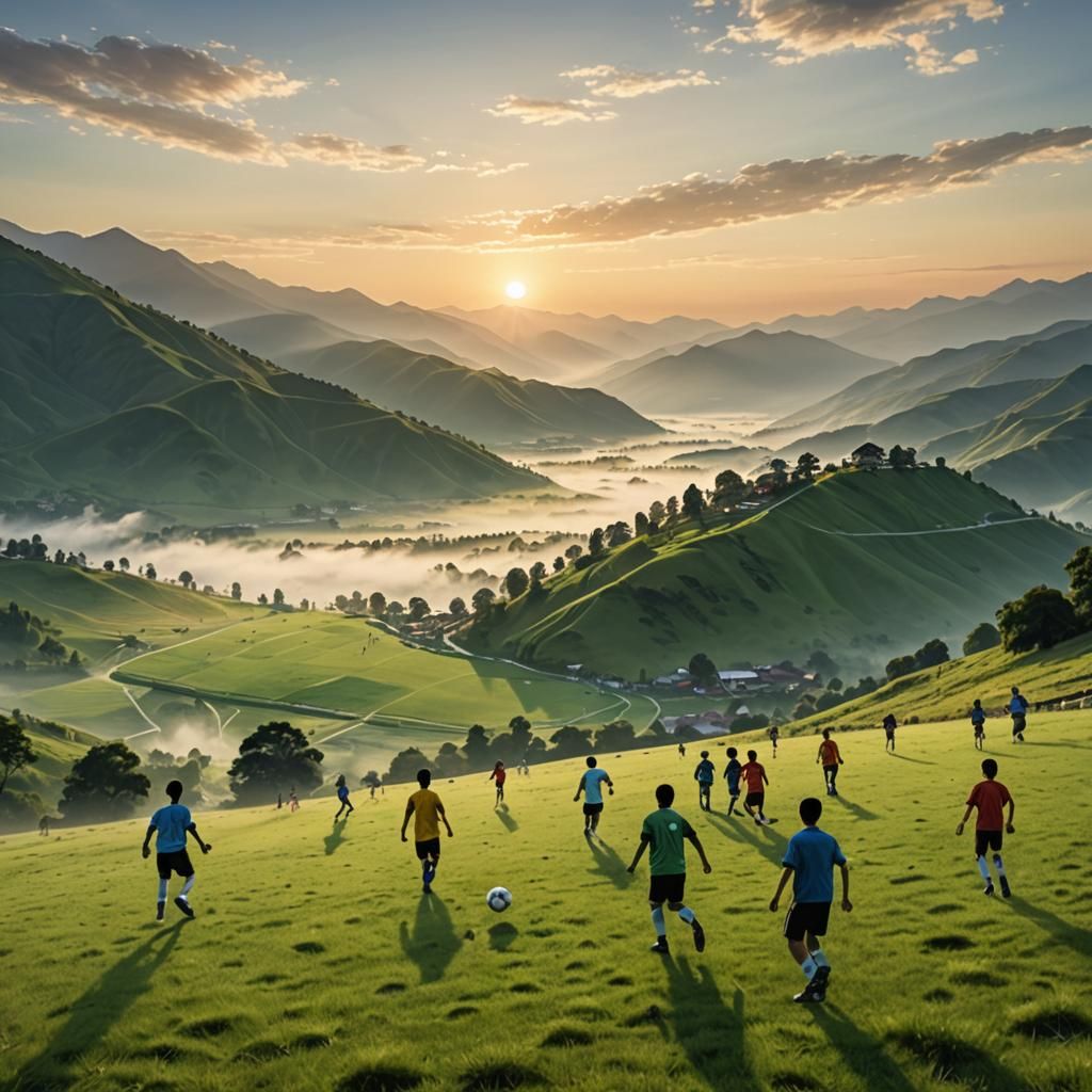 Scenic Mountain Soccer Game at Sunset