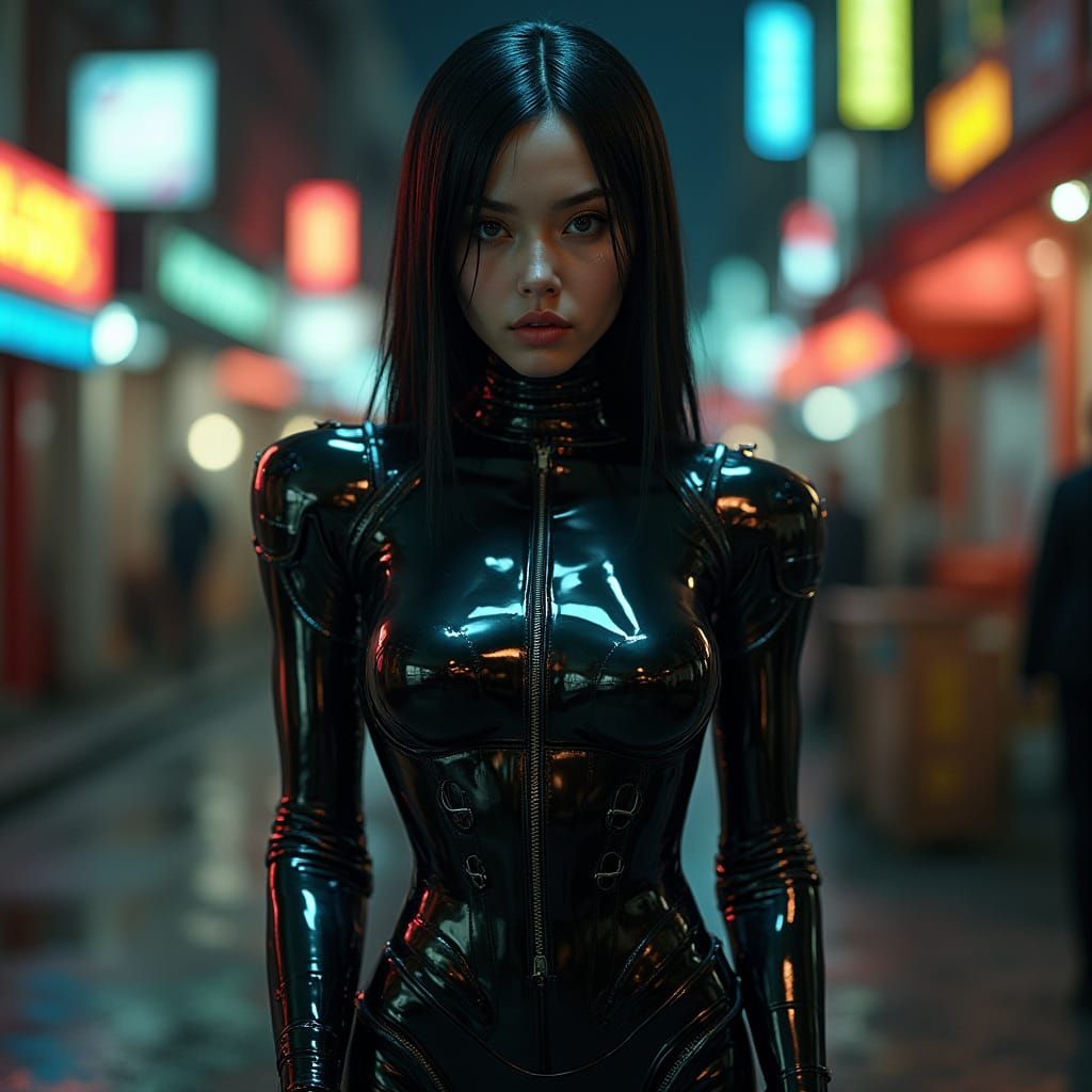 Cyberpunk Goddess in Dark Urban Landscape