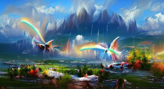 Dreamlike Landscape: Rainbow and Winged Creatures in Storm