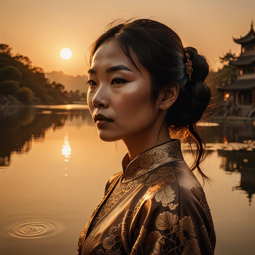 Intricate Ink Drawing of Chinese Woman on Lake, in the Style...