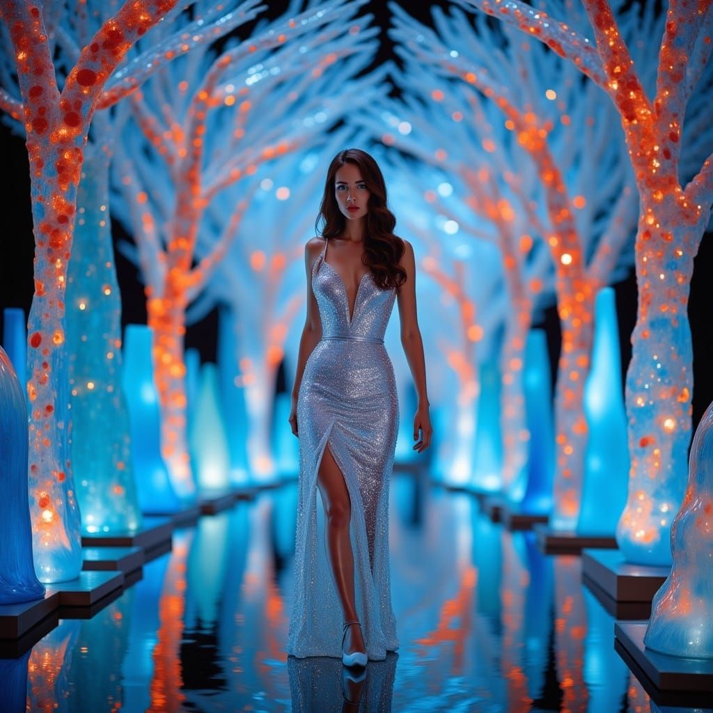 Surreal Woman Walks in Crystal Holographic Forest