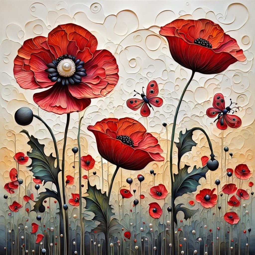 Whimsical Murakami-Inspired Poppy Field with Ladybird