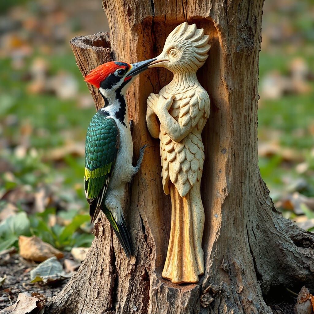 Woodpecker Carving Statue in Pop Art Style