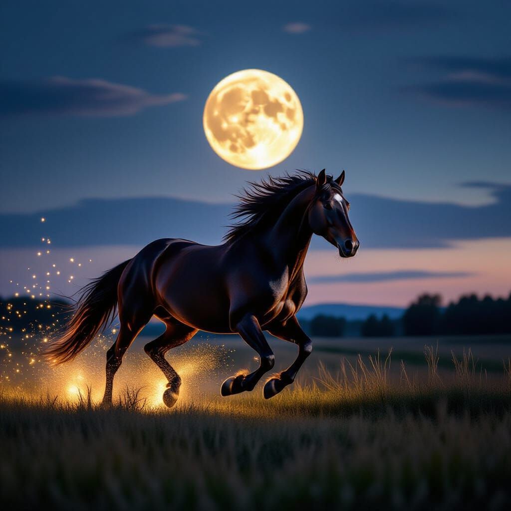 Stallion of Starlight Galloping in Moonlight