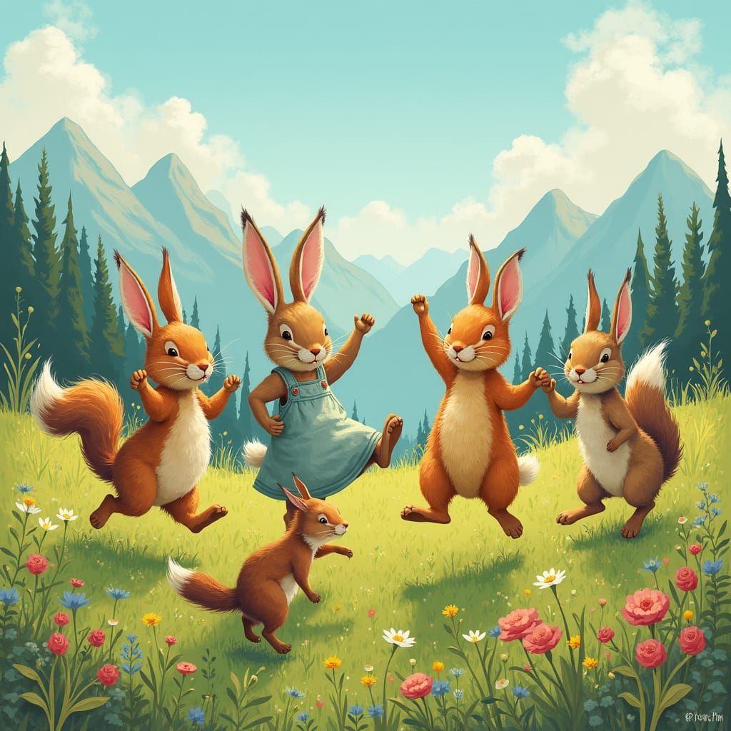 Dancing Fictional Animals on Mountain Meadow