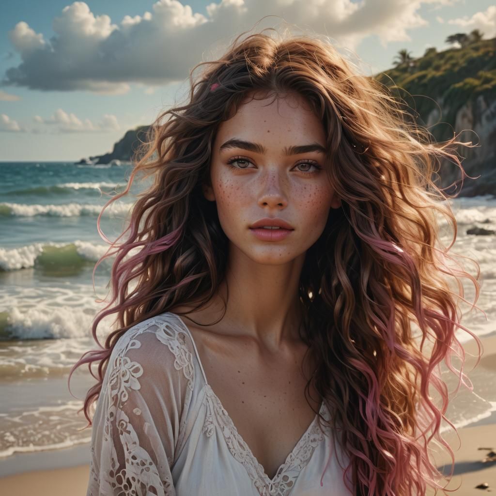 Beautiful Woman with Wavy Hair on Beach, Detailed Digital Pa...