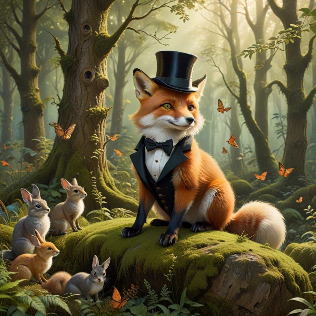 A relaxed, dapper fox leaning casually against a mossy rock deep in an enchanted forest. He wears a black silk top hat s...