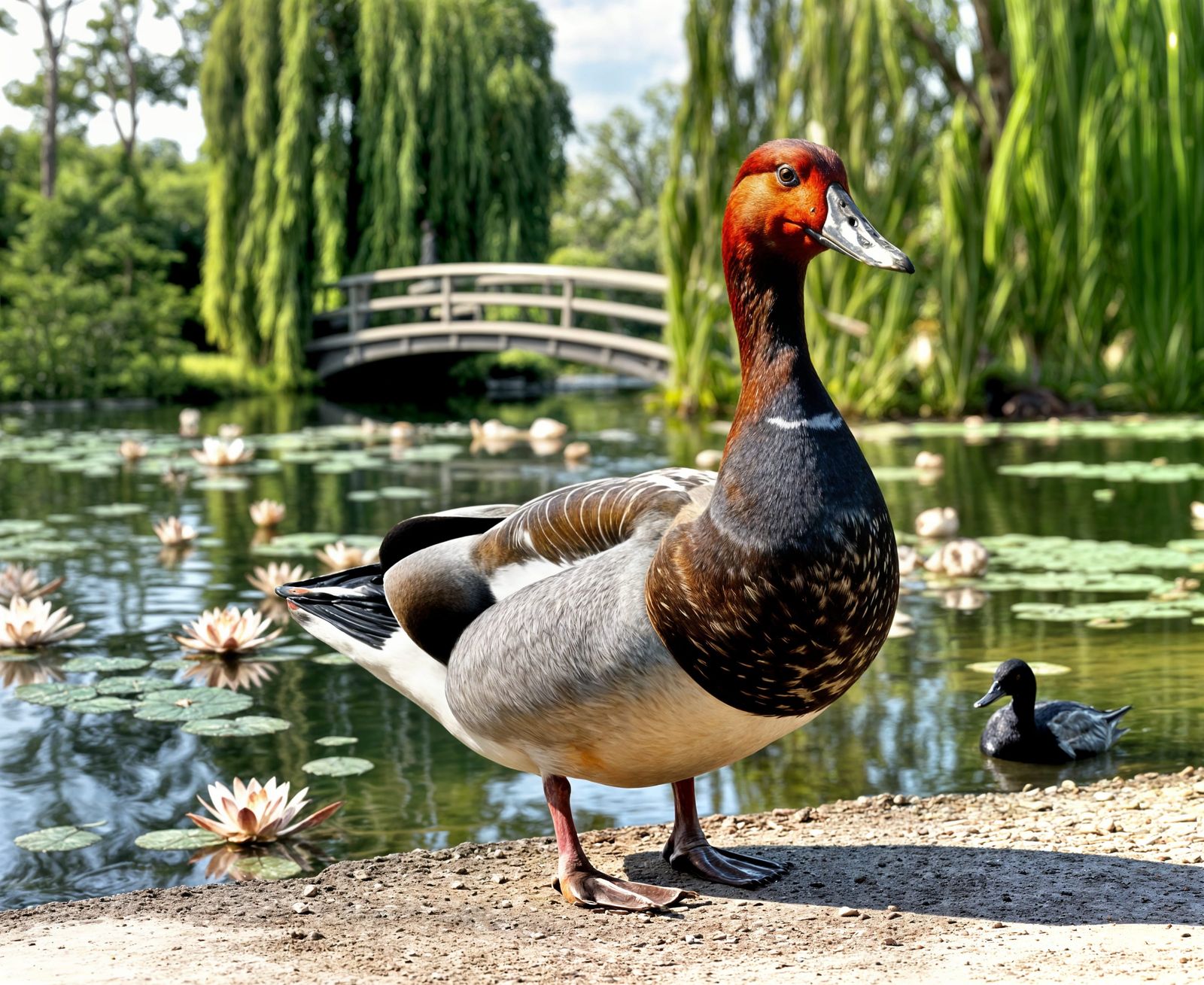 Redhead Duck in Monet's Garden: A Photorealistic Image