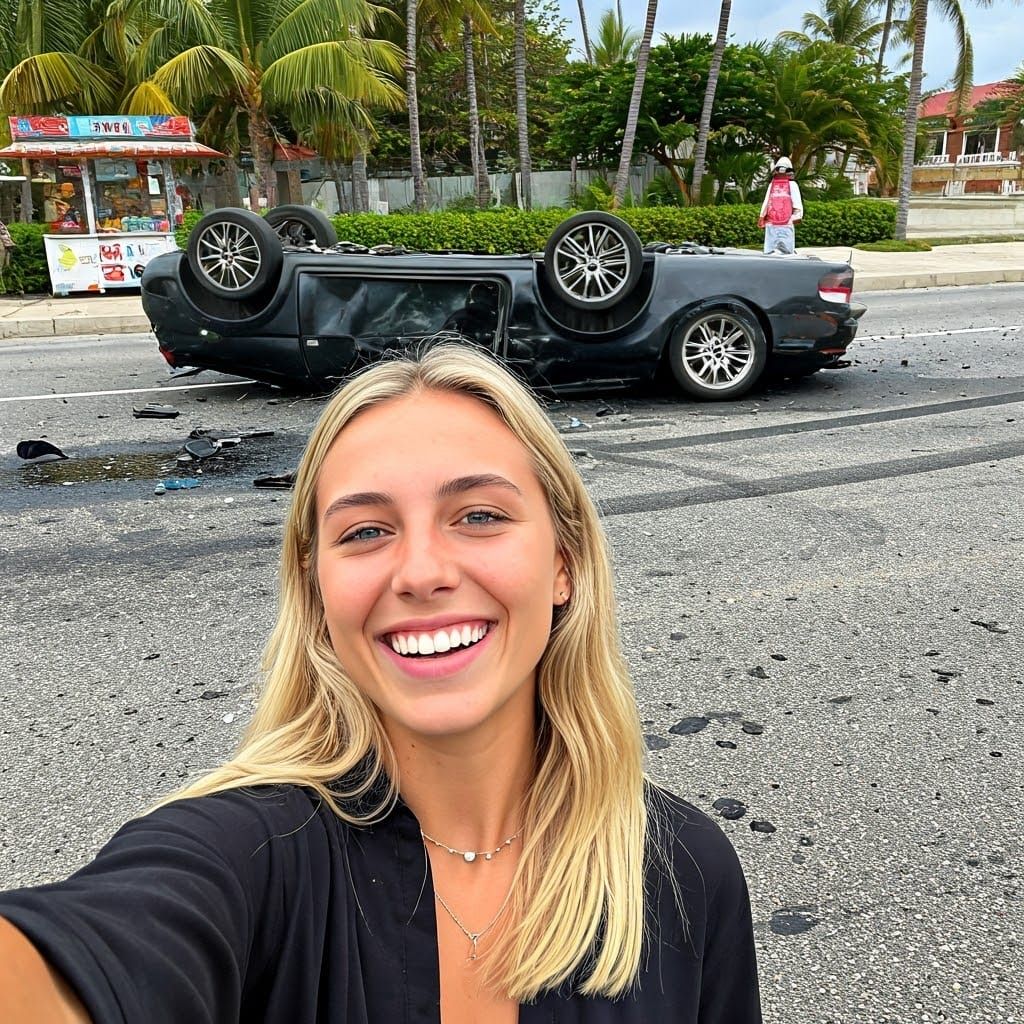 Girl Smiling in Shock After Car Accident in Tropical Paradis...