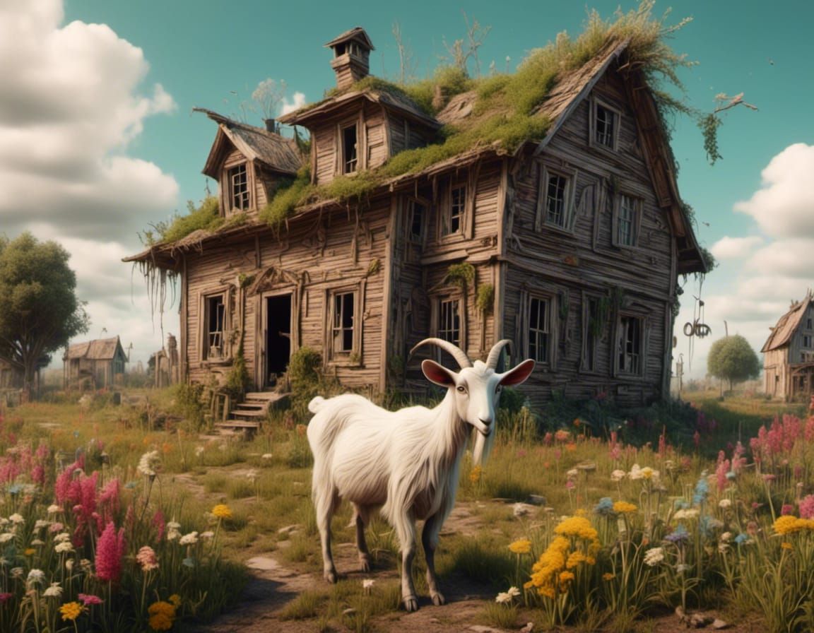 Dilapidated Farmhouse with Goat in Ink Sketch