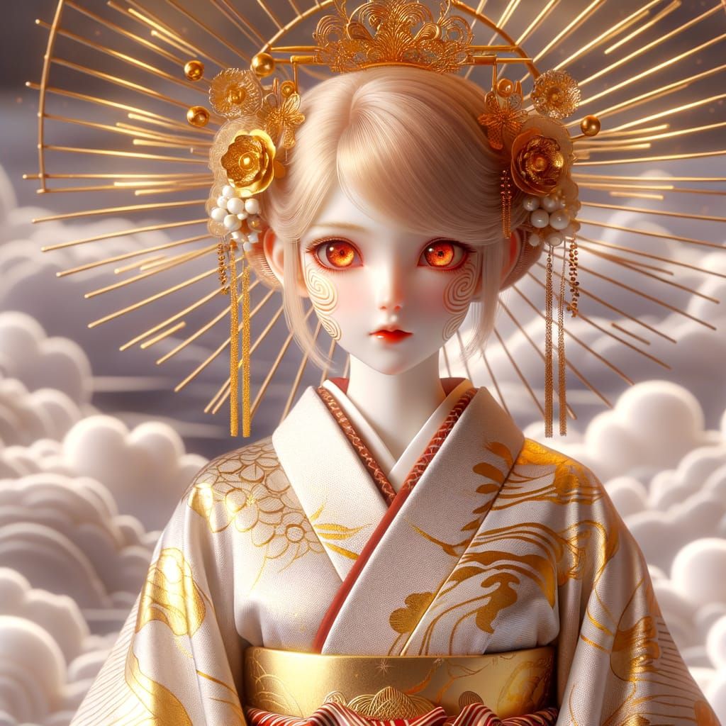 Japanese Shrine Maiden in Golden Silk Warfan