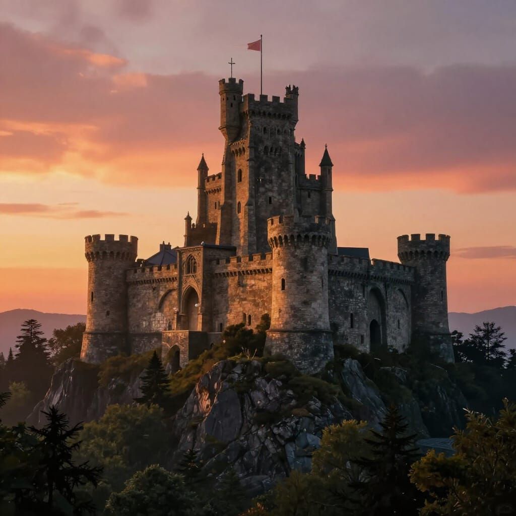 Medieval Castle at Sunset in Matte Painting Style