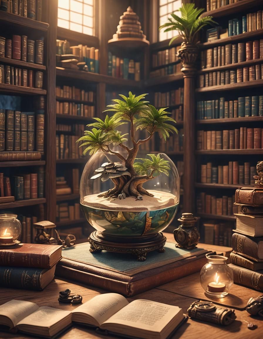 Miniature Beach in Magical Library, Pixar Style