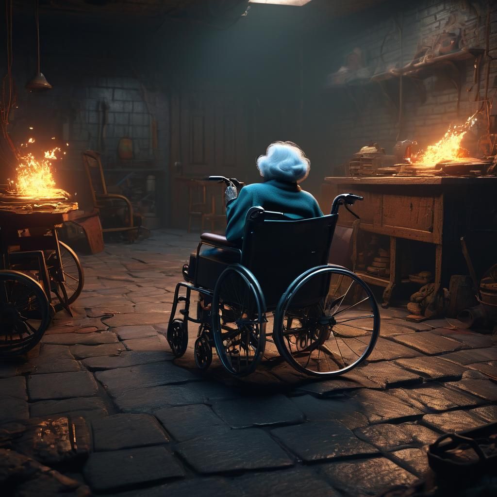 Fiery Grandma Tames Wheelchairs: 3D Digital Art
