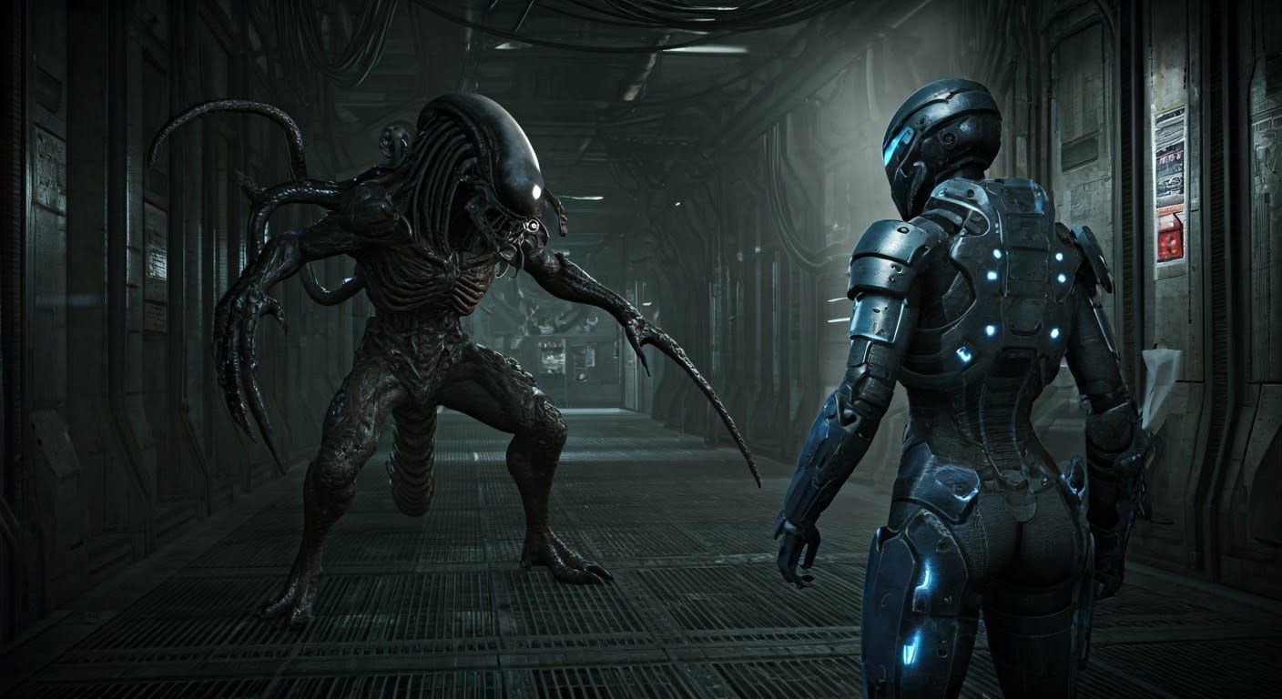 Gritty Mass-Effect Sci-Fi Action Scene in Neon-Lit Industria...