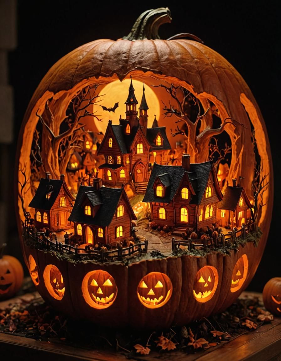 Halloween Village Carved Inside a Jack-o-Lantern