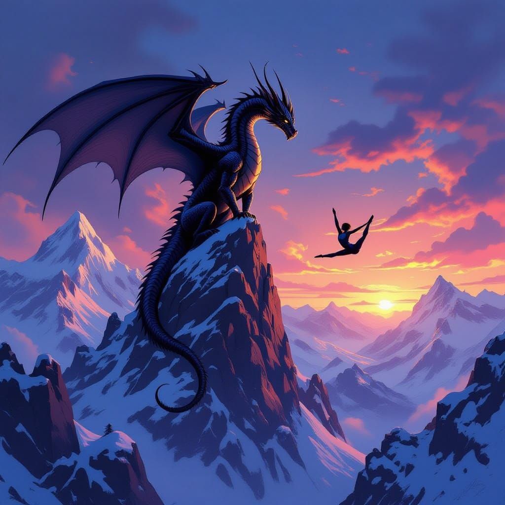 Obsidian Dragon Over Mountains With Aerial Gymnast