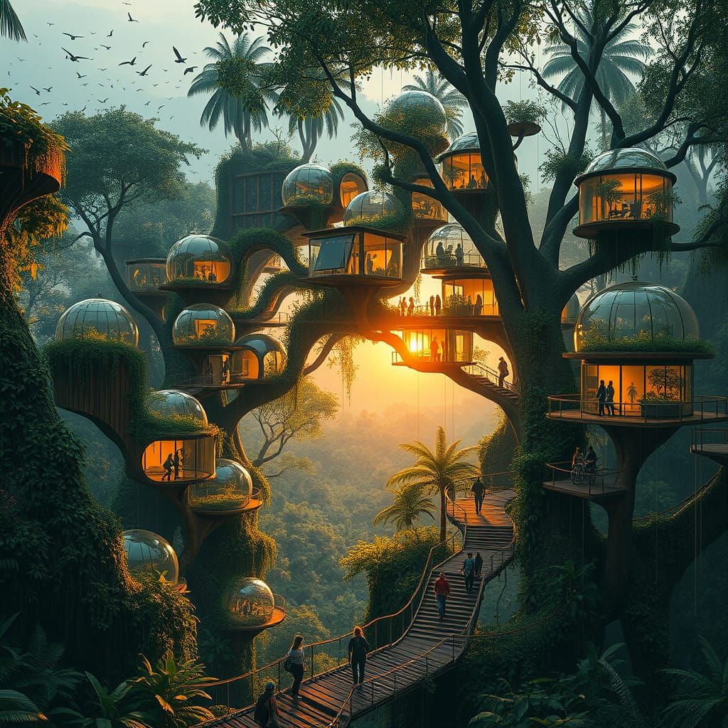 Vibrant Solarpunk Treehouse City in Rainforest Canopy