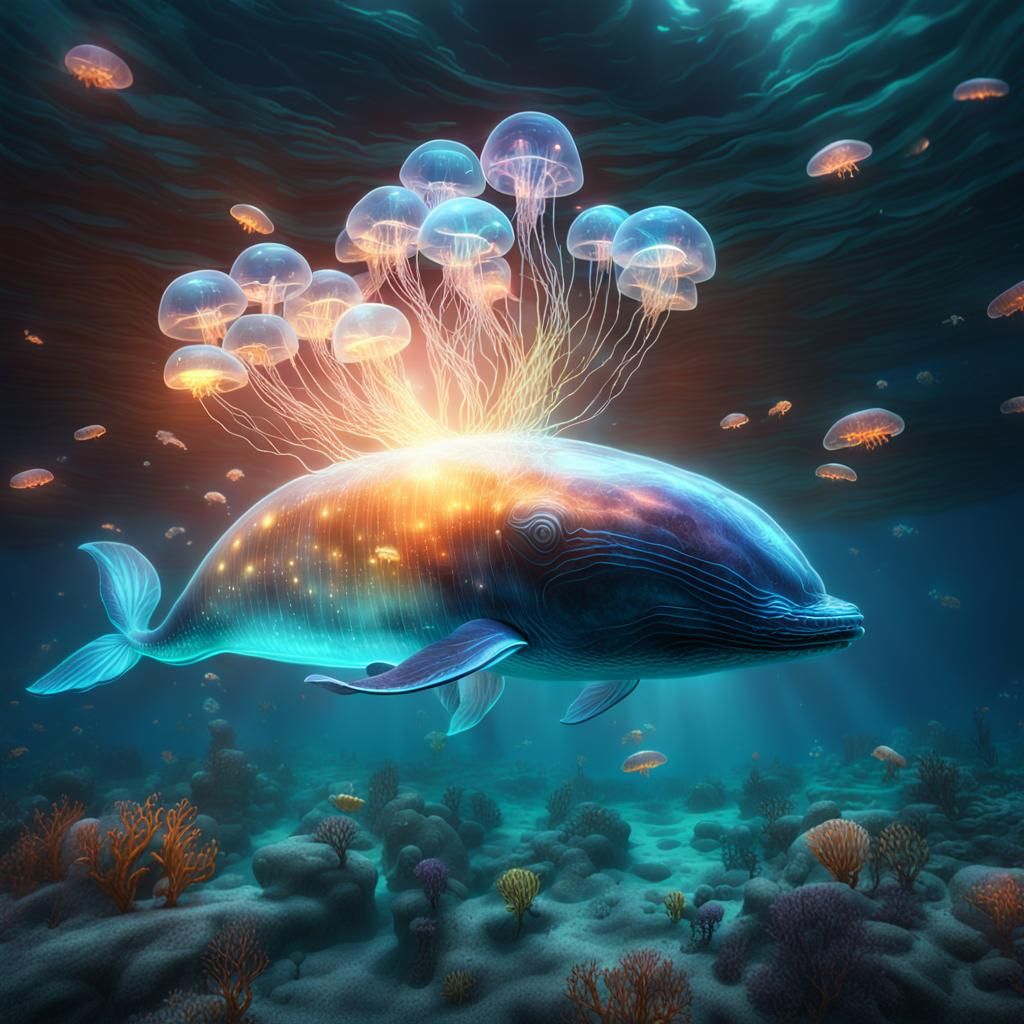 Glowing Glass Whale in Deep Ocean, Digital Art