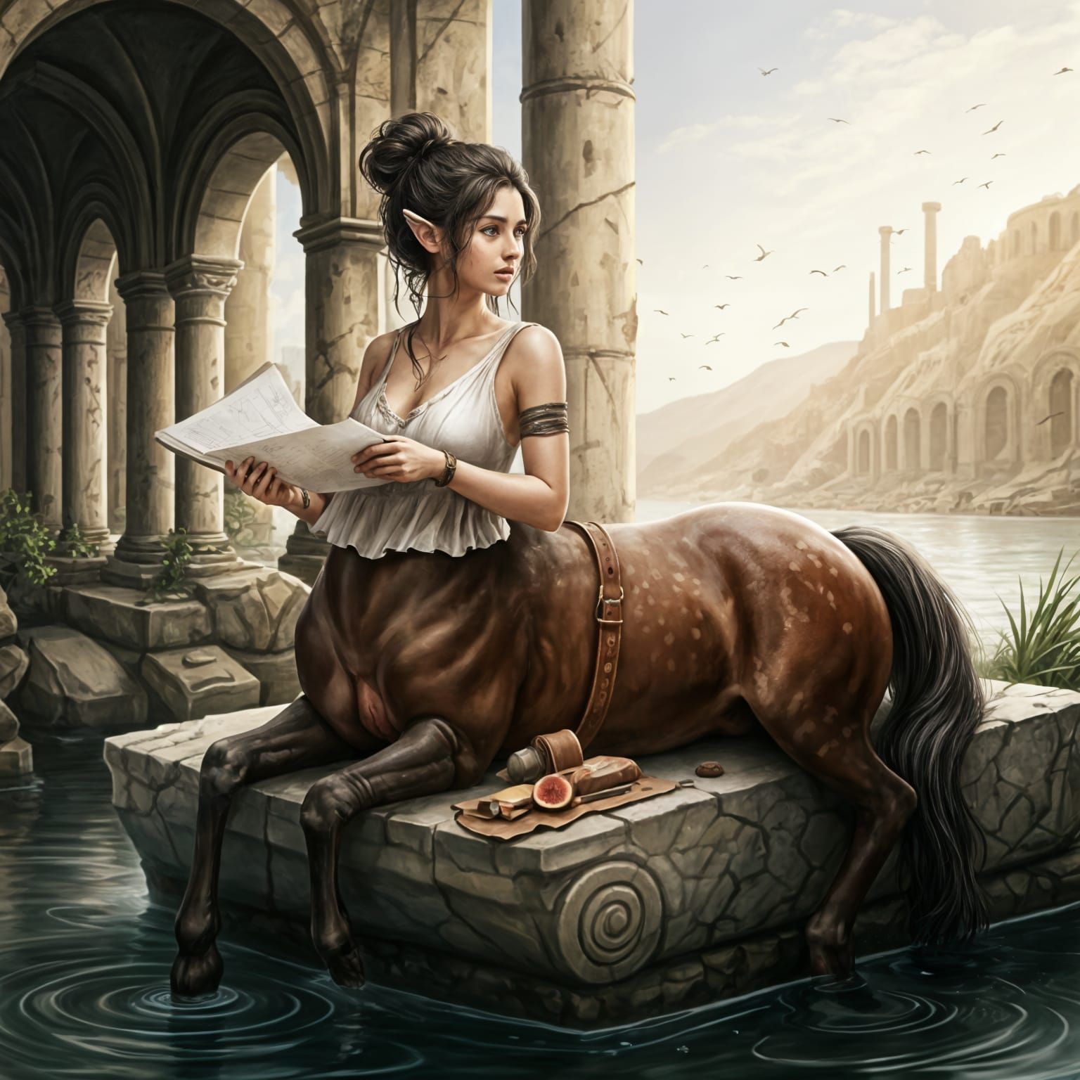 Centaur Girl Sketches Arches and Birds in Charcoal