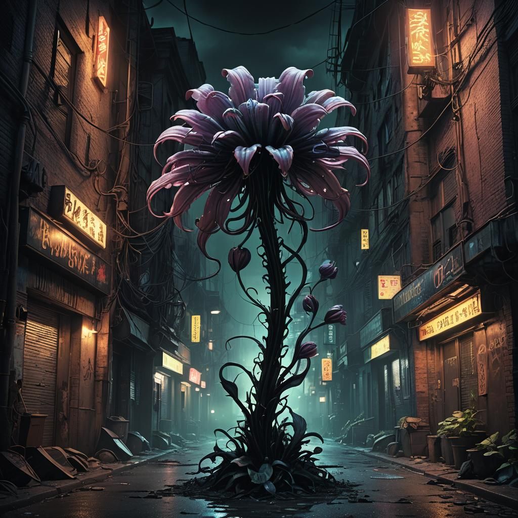 Muscular Flower Blooms in Dark Fantasy Urban Environment