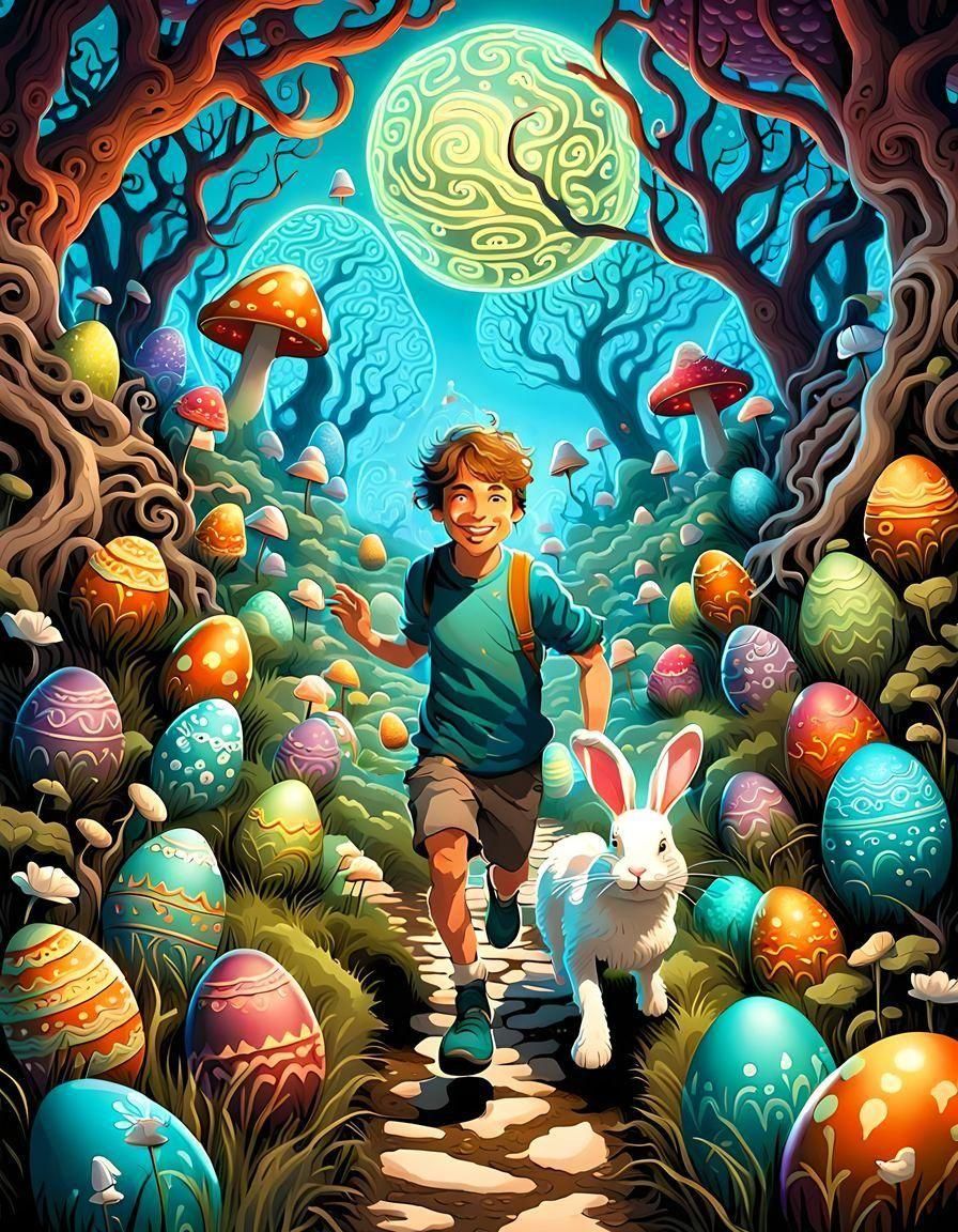 Perfect arm and limb,Angelic smiley innocent boy in Easter eggs hunt maze magical wonderland with rabbits running, in th...