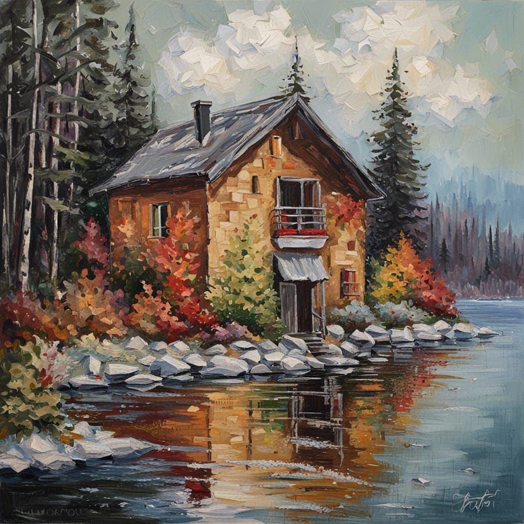 Lakeside Cabin in Impasto Painting Style