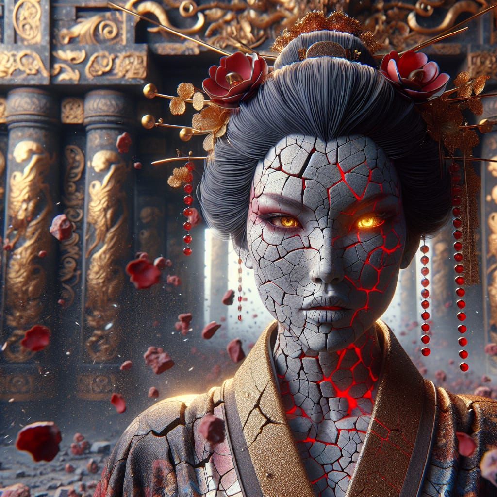 Stone Geisha with Garnet Details in Ancient Temple