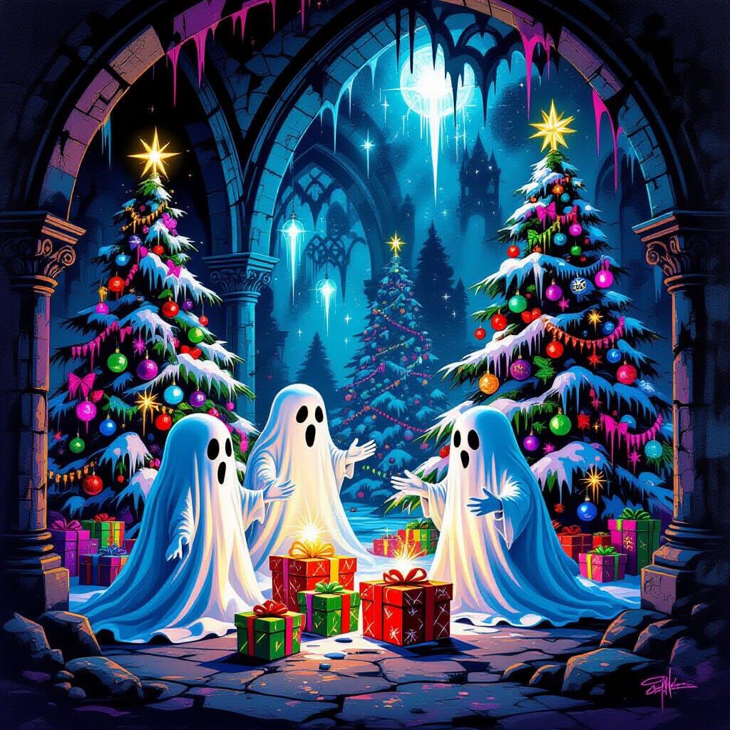 Festive Ghosts Haunt Crypt with Spectral Christmas Trees
