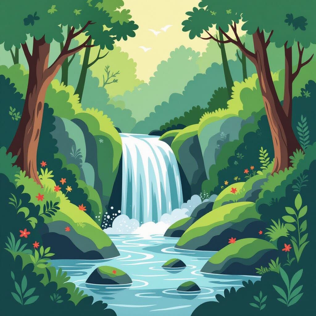 Lush Waterfall in Paper Cut Style