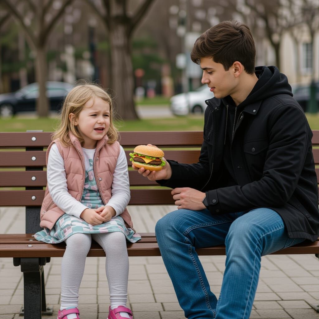 Kindness Shared: Man Gives Hamburger to Hungry Girl