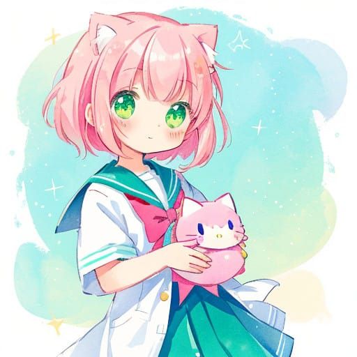 Chibi Catgirl Enjoys a Tasty Tuna Snack in Pastel Hues