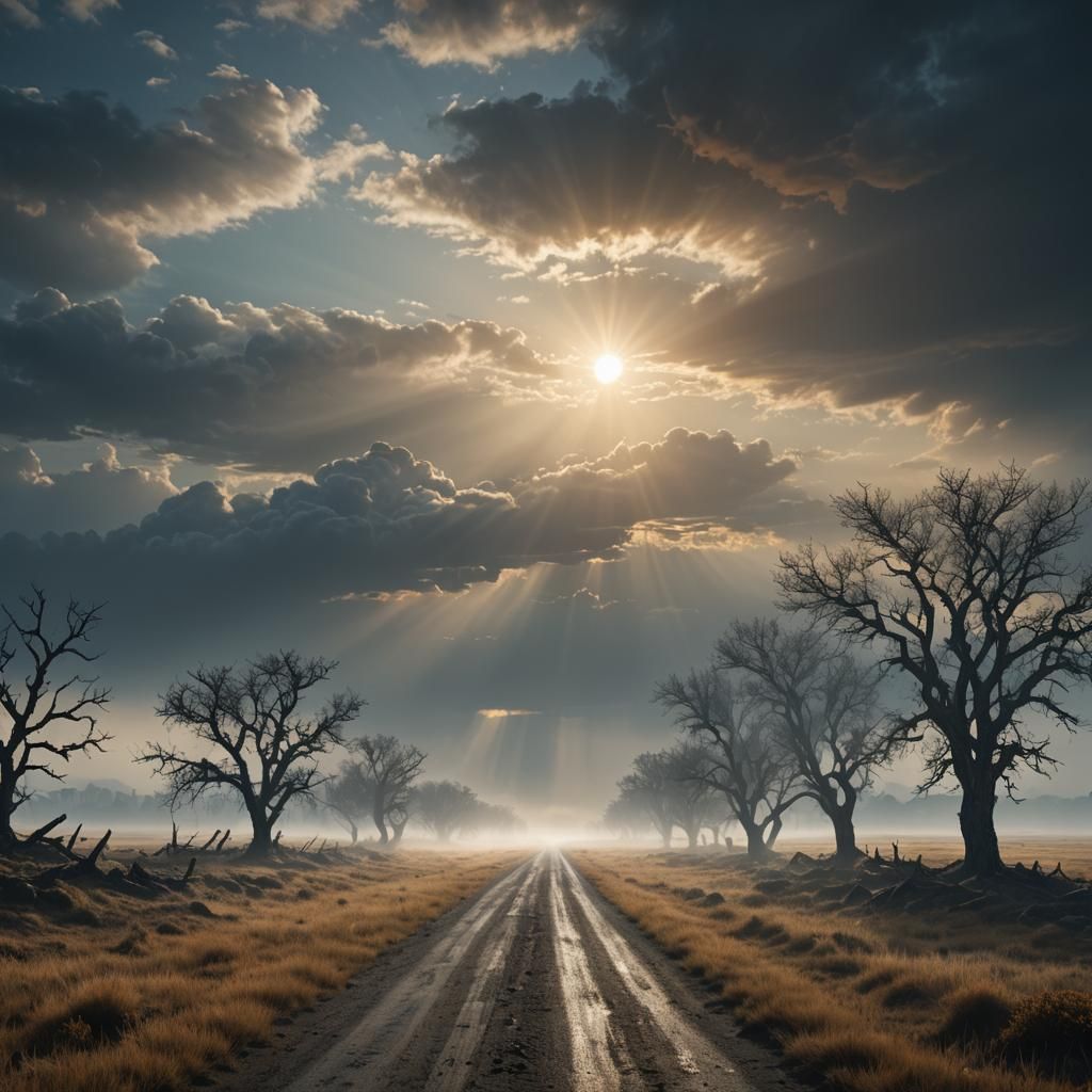 Steppe Road Through Fog, Detailed Matte Painting