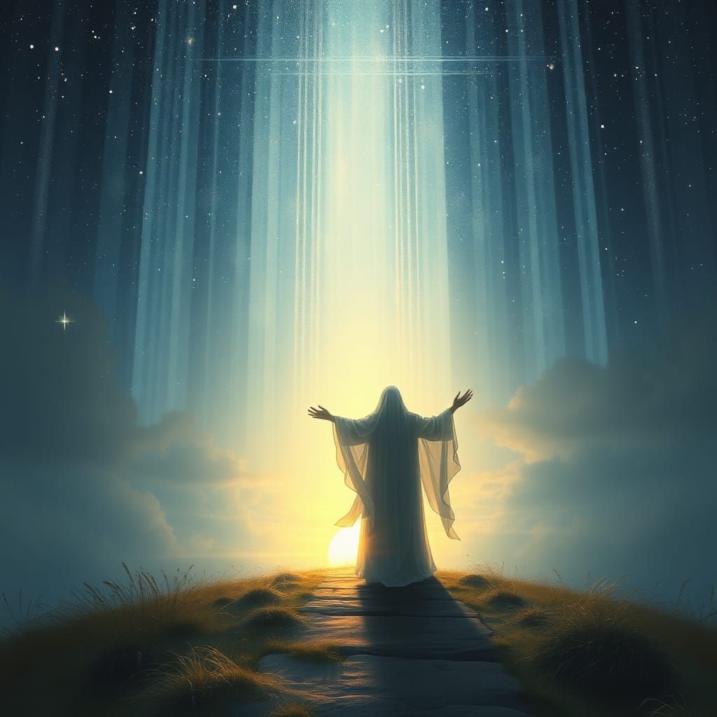 Ethereal Figure Embraces Dawn Under Starry Sky