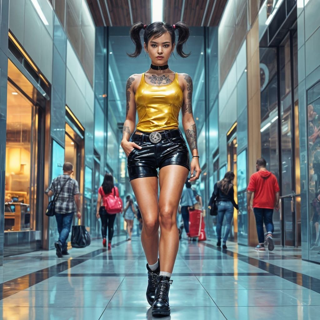 Nerdy Tattooed Model in Gold Latex Outfit