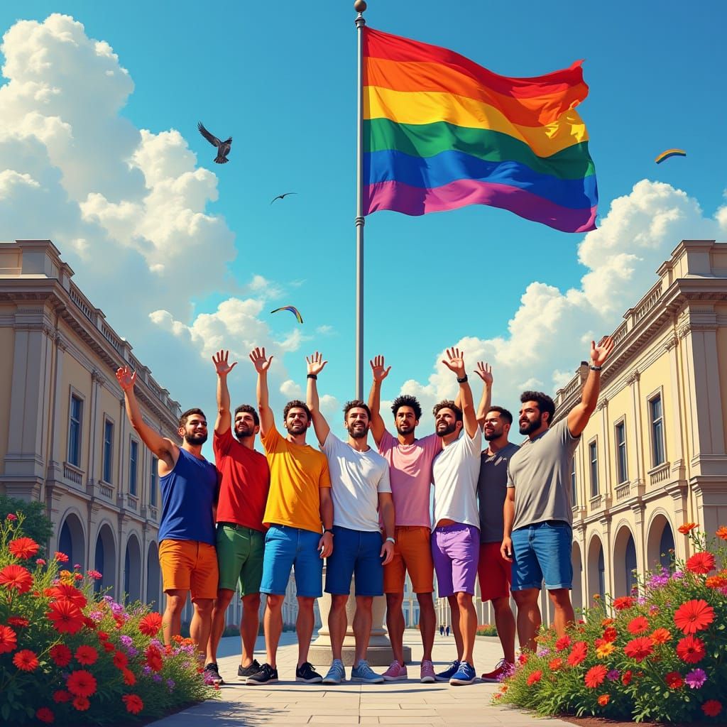 Pride Flag Celebration in Classical Town Square