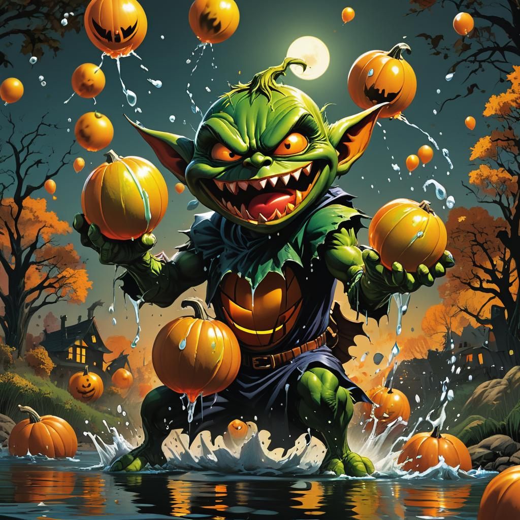 Goblin Tosses Pumpkin Water Balloons in Comic Art