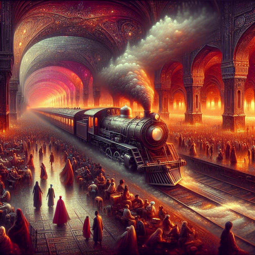 Steam Train Arriving in New Delhi, Matte Painting