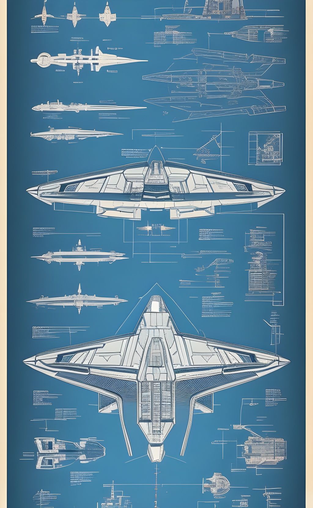 Detailed Spaceship Blueprint Technical Illustration
